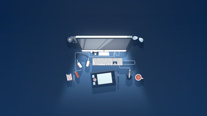 Desk with Computer Setup — Blue