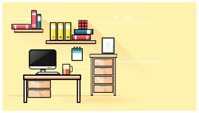Desk with Computer Setup — Yellow