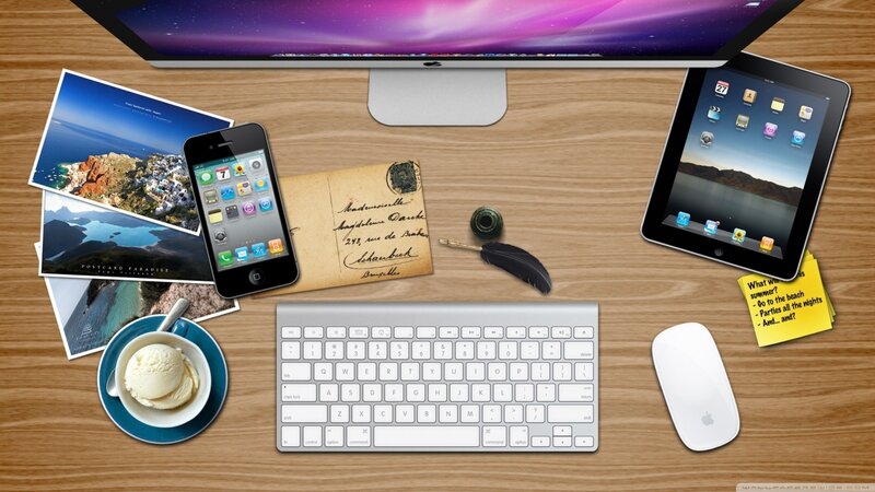 Desk with Electronic Devices — Brown