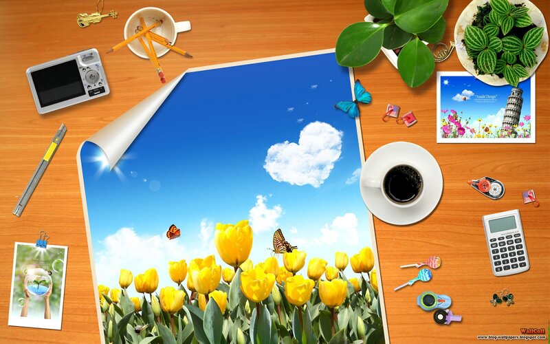 desk with flowers and camera