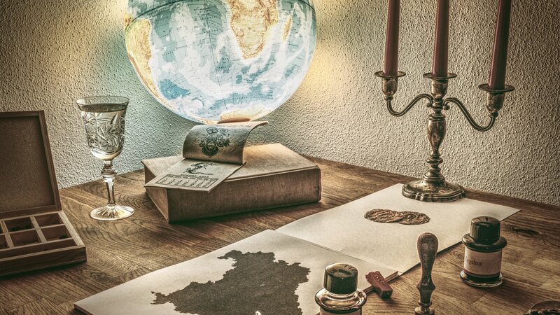Desk with Globe and Papers