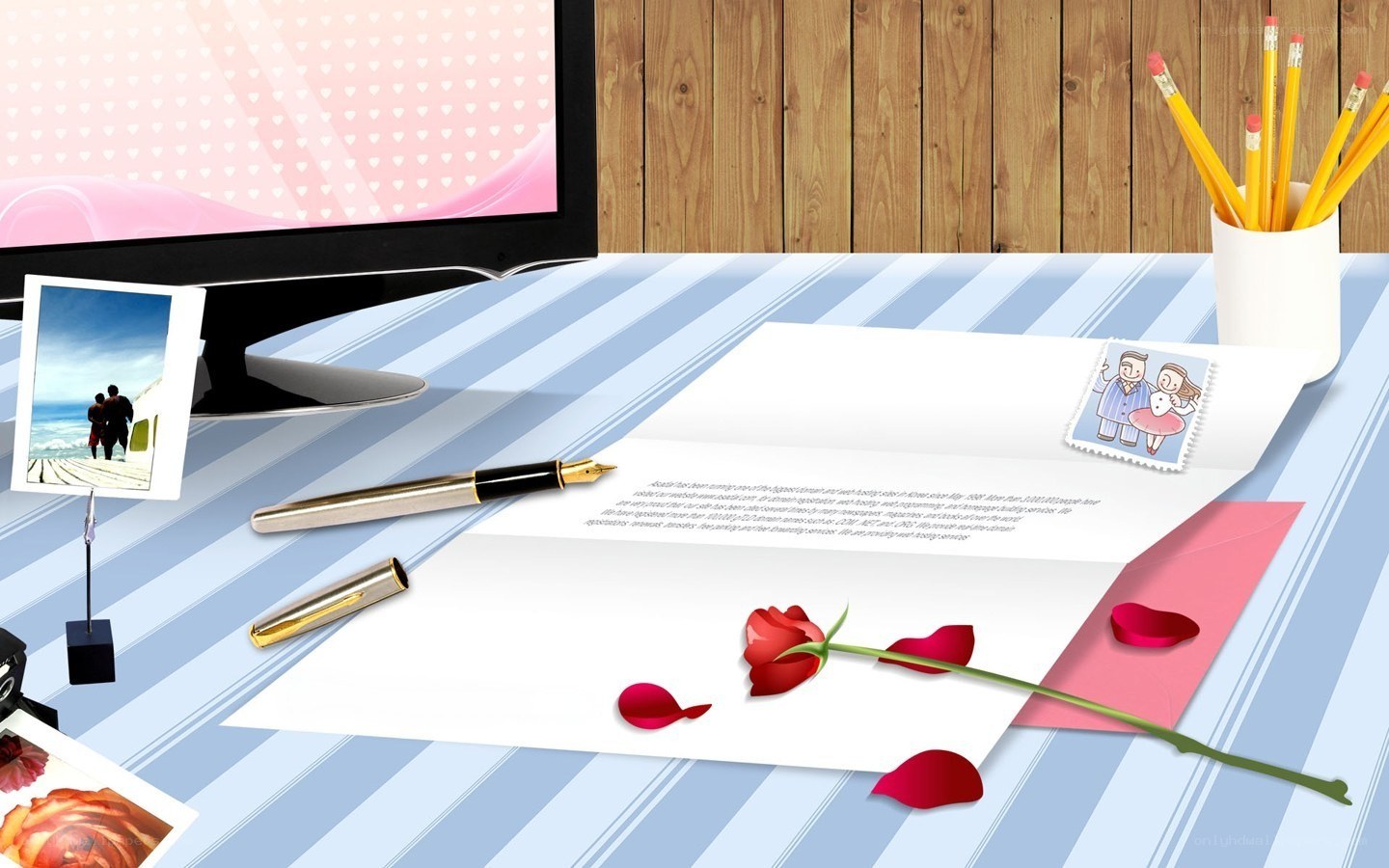 desk with letter and rose