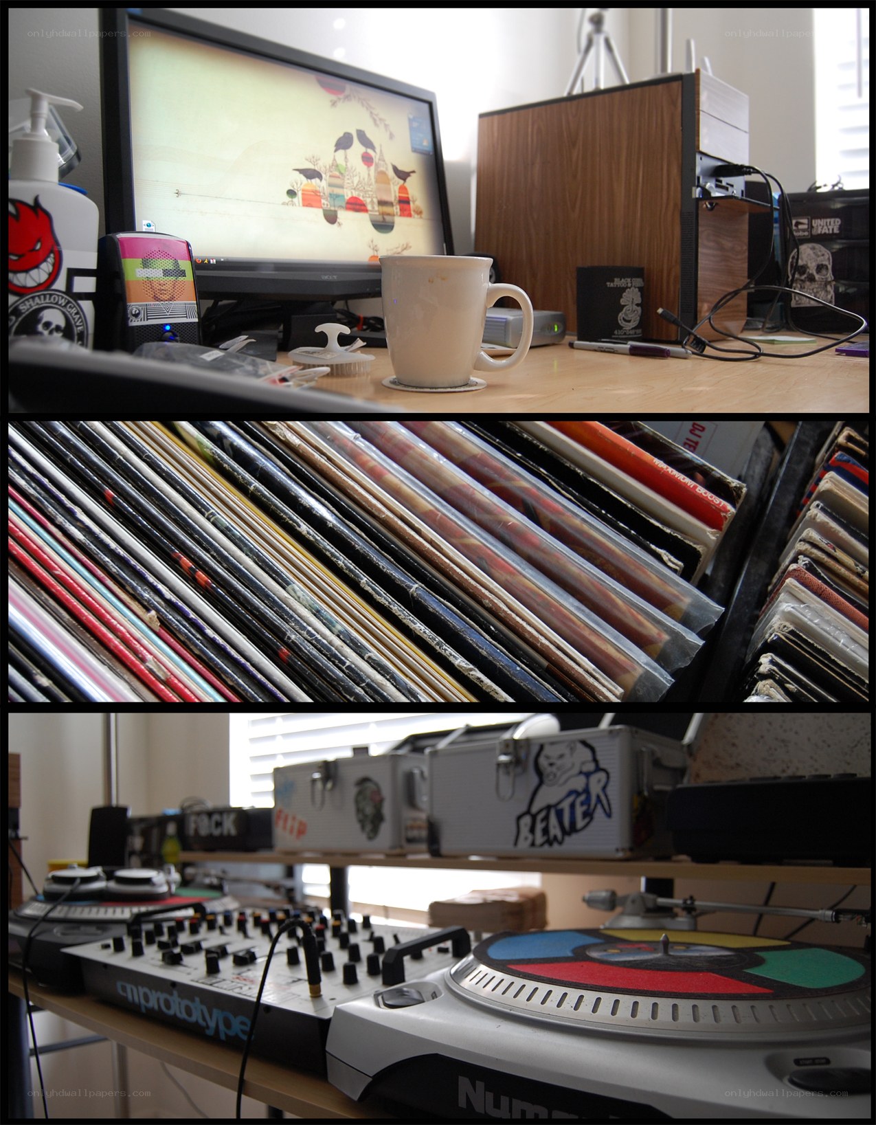 desk with records and turntables