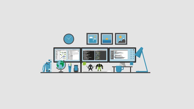 Desk with Three Monitors — Blue