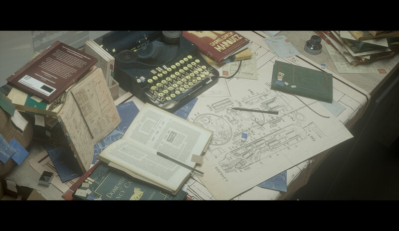 Desk with Typewriter and Blueprints