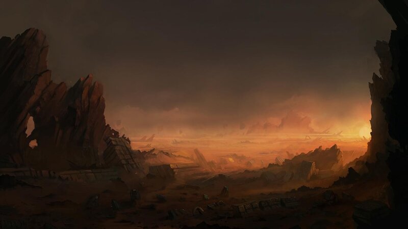 desolate alien landscape at sunset