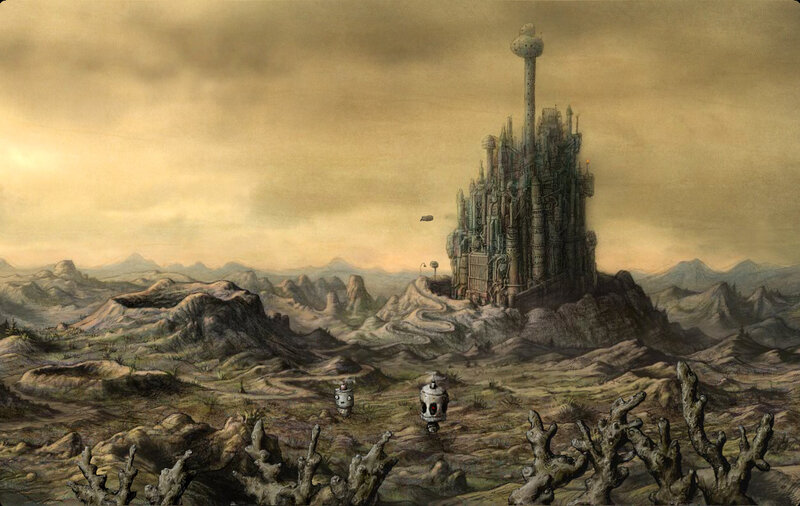 desolate alien landscape with castle