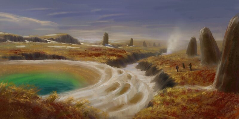 Desolate alien landscape with geysers
