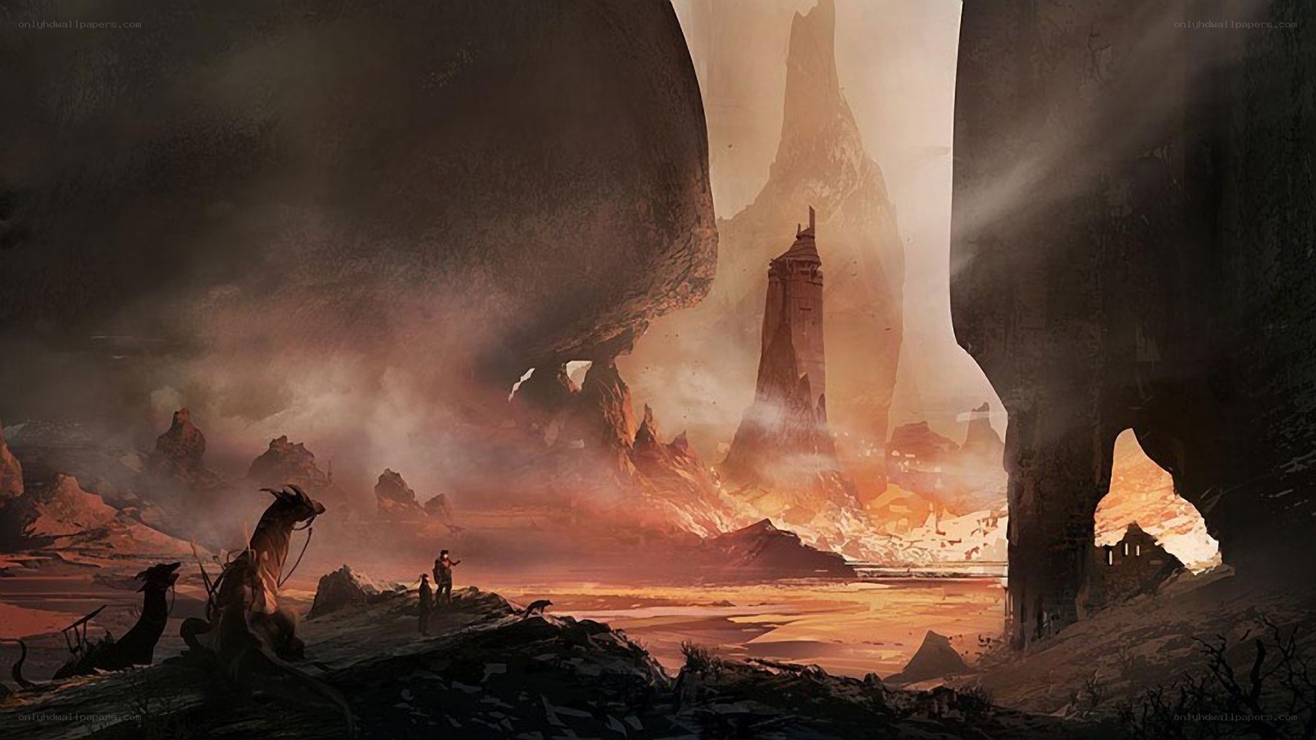 Desolate alien landscape with towers