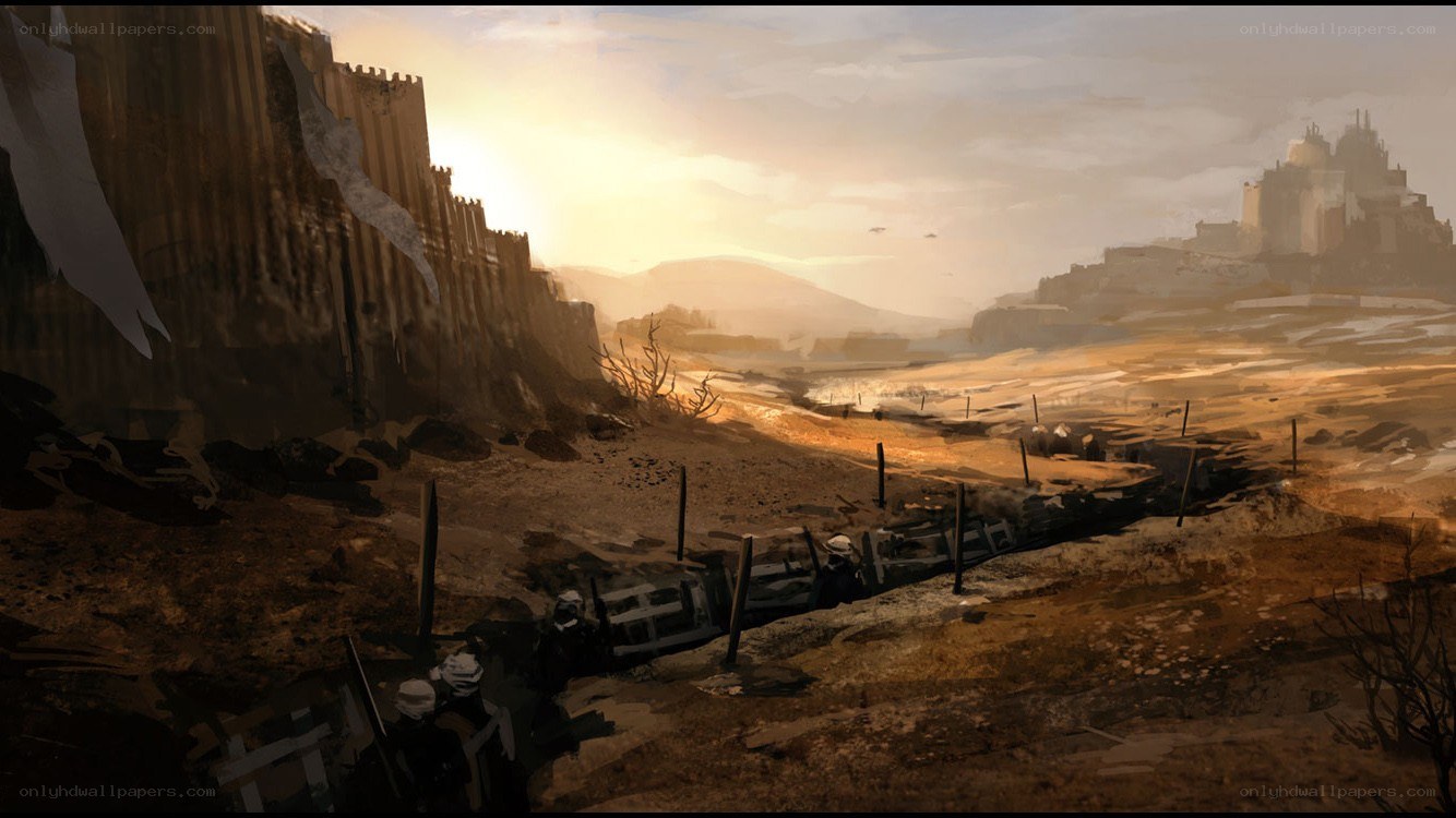 Desolate battlefield at sunset