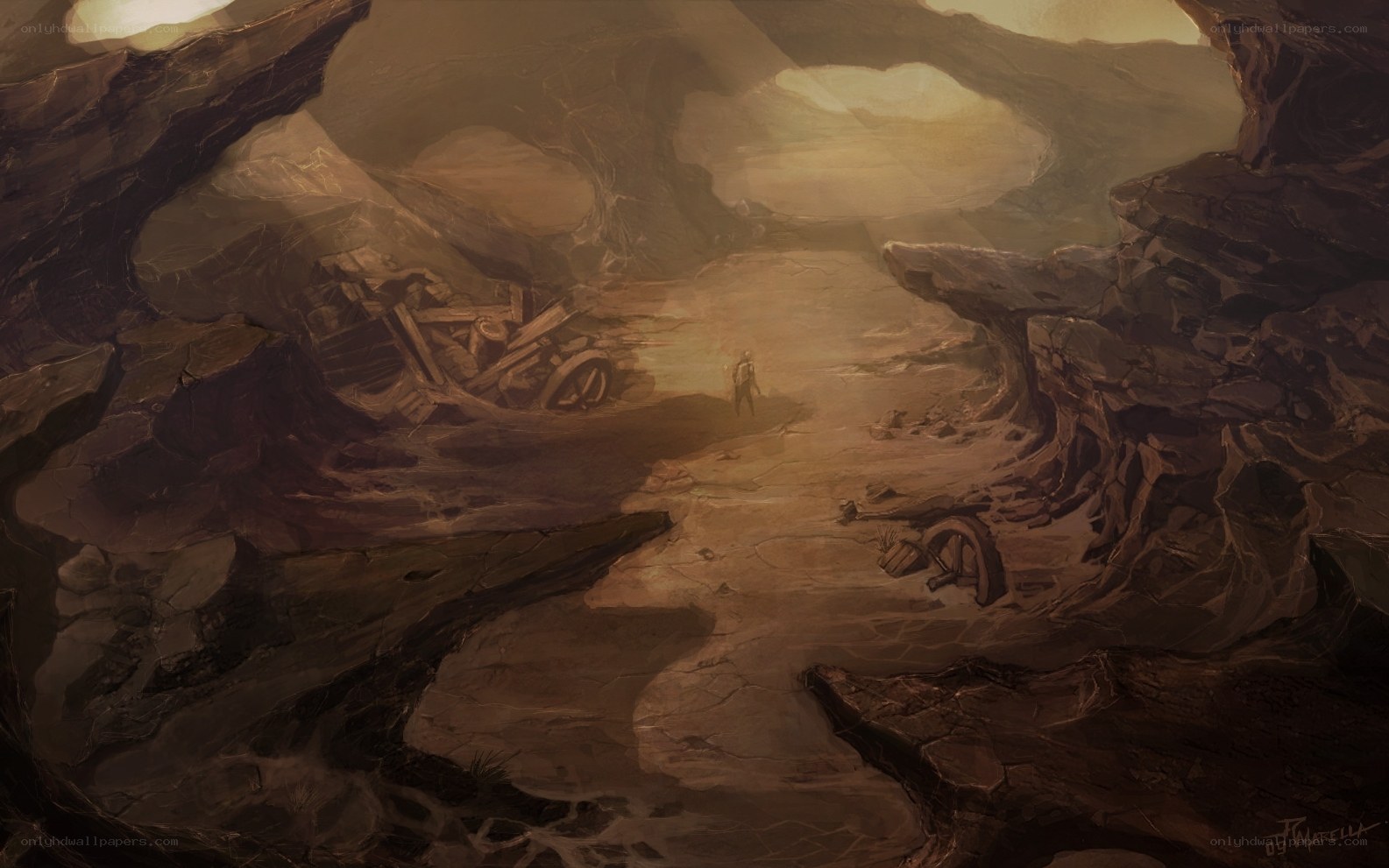 Desolate cave with lone traveler
