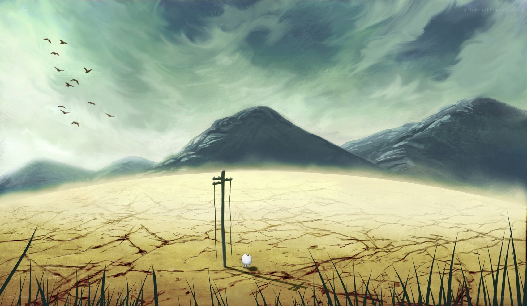 Desolate landscape with birds