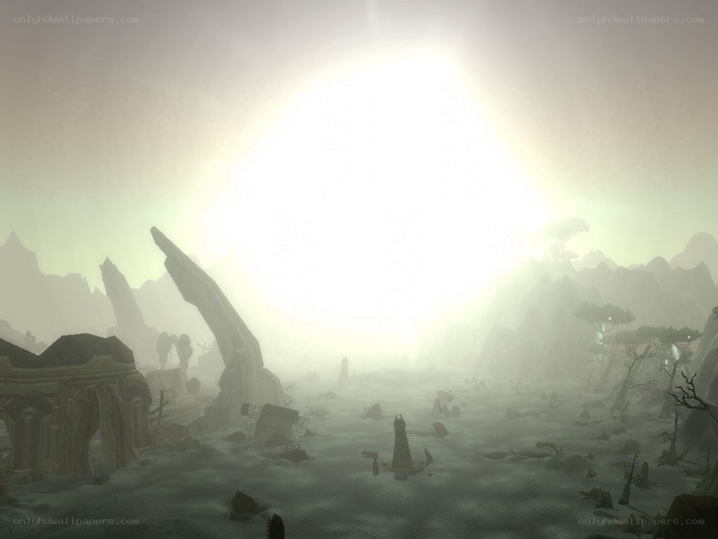 Desolate landscape with bright sun