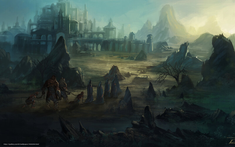 Desolate landscape with chained figures