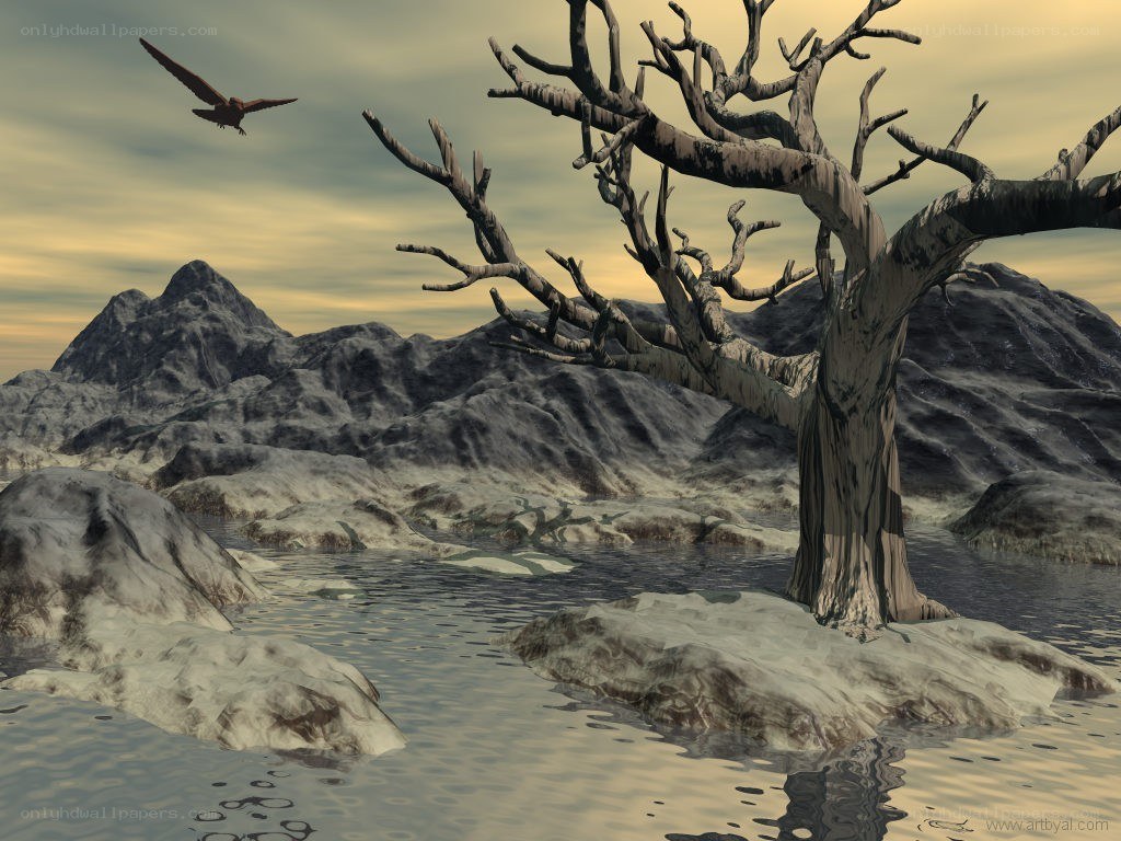 Desolate landscape with dead tree