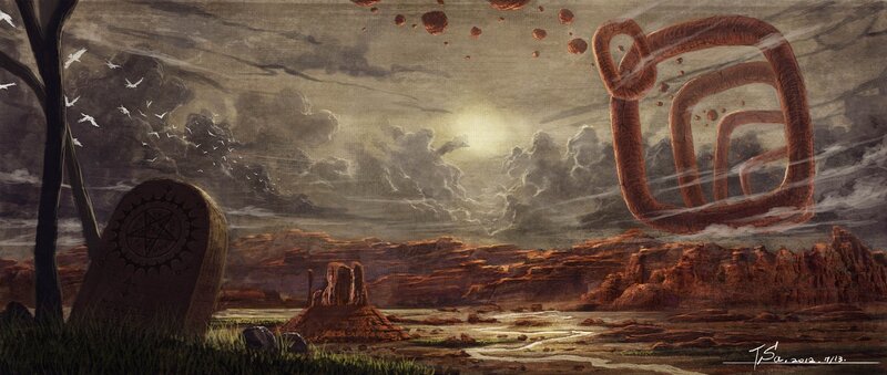 Desolate landscape with floating symbol