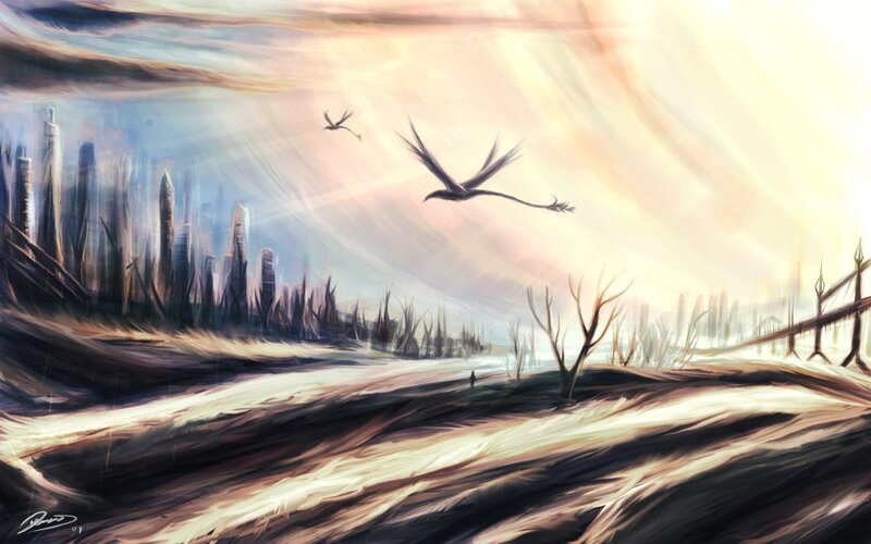 Desolate landscape with flying creatures