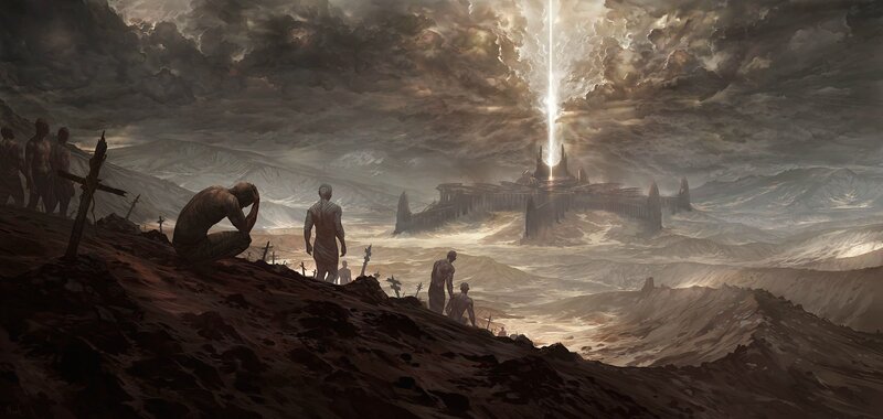 Desolate landscape with light beam