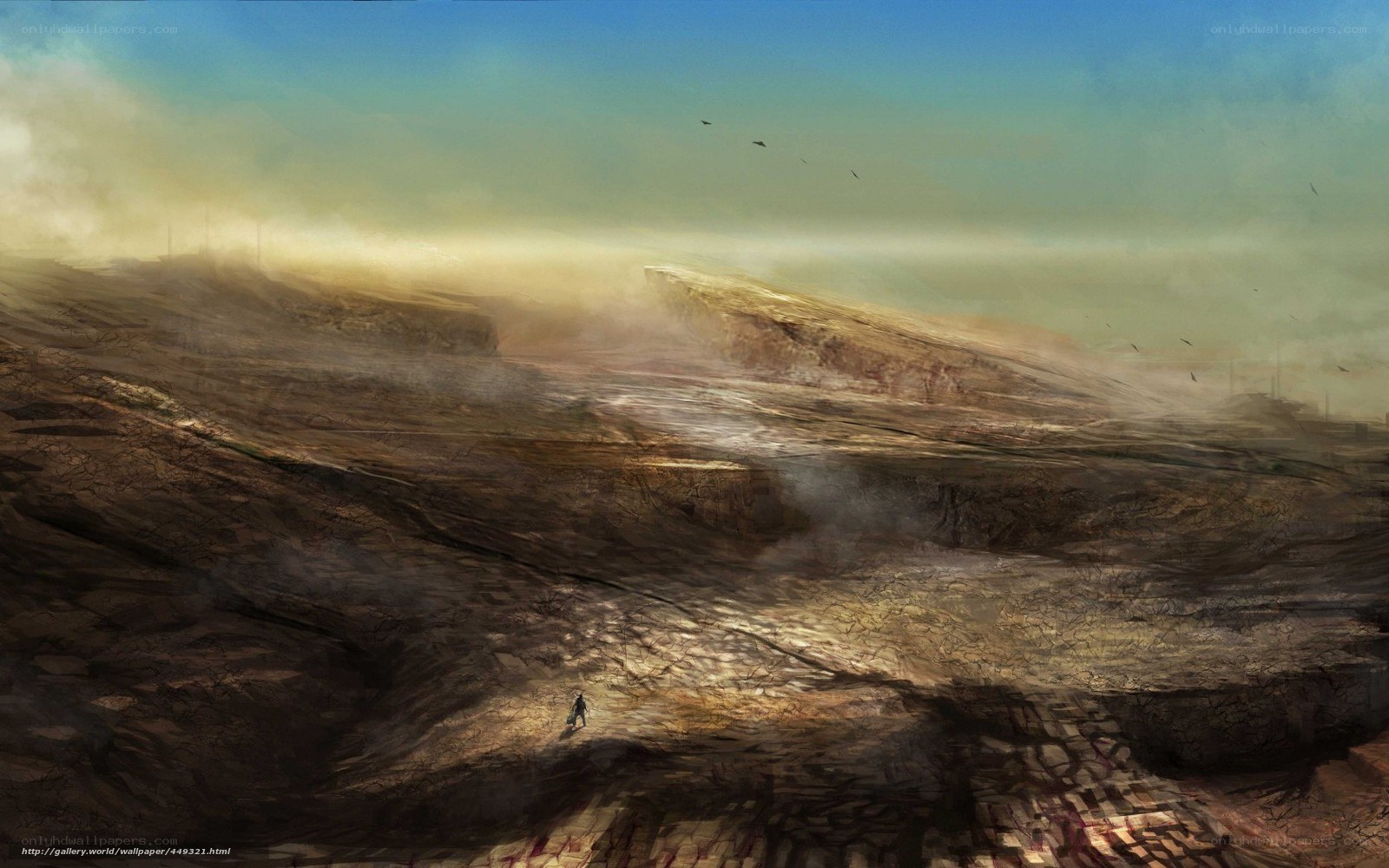 Desolate landscape with lone traveler