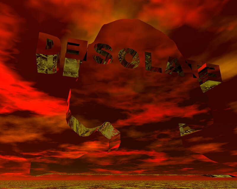 Desolate landscape with red sky