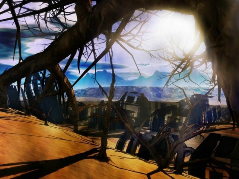 Desolate landscape with ruins