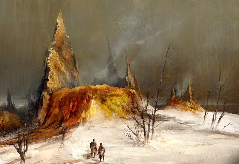 Desolate landscape with travelers