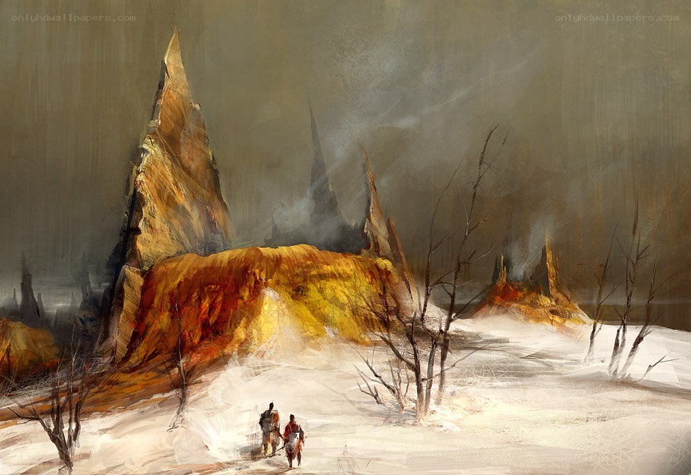Desolate landscape with travelers