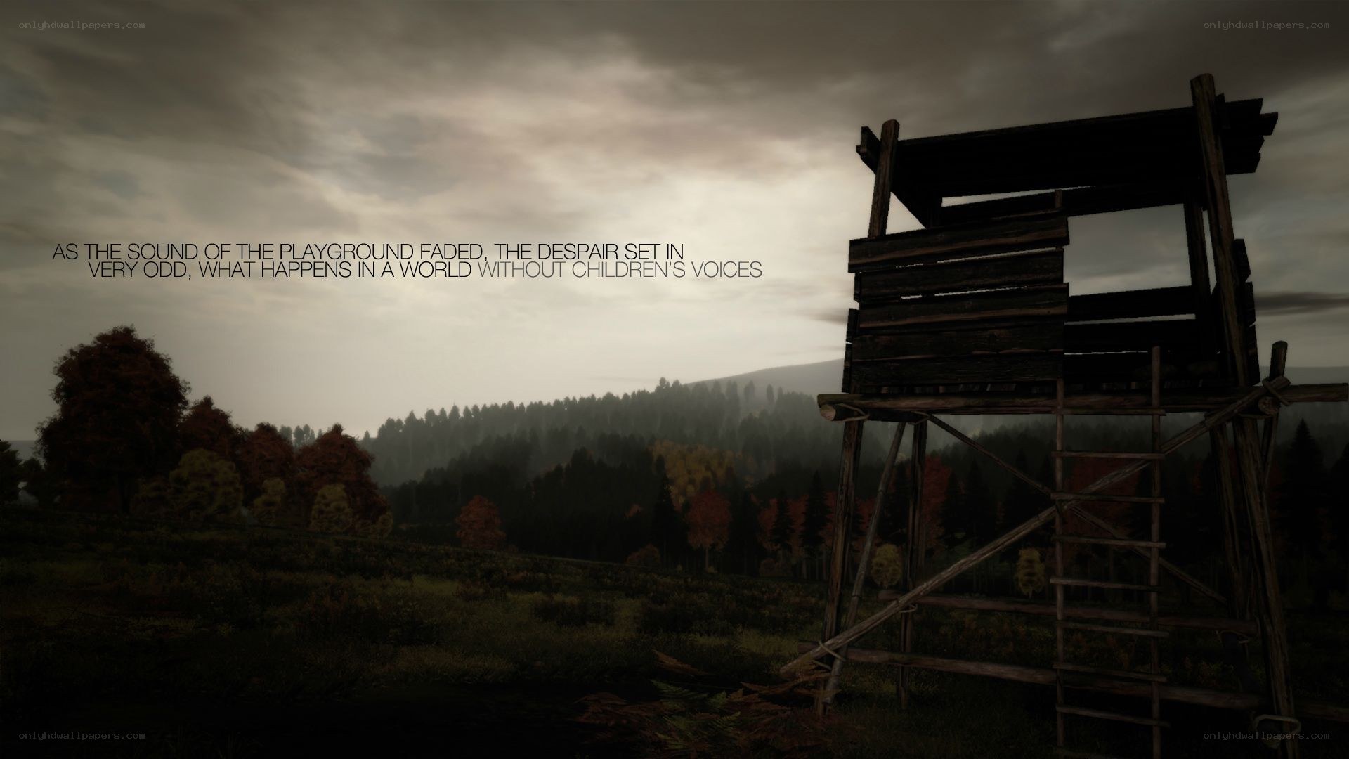 Desolate landscape with watchtower