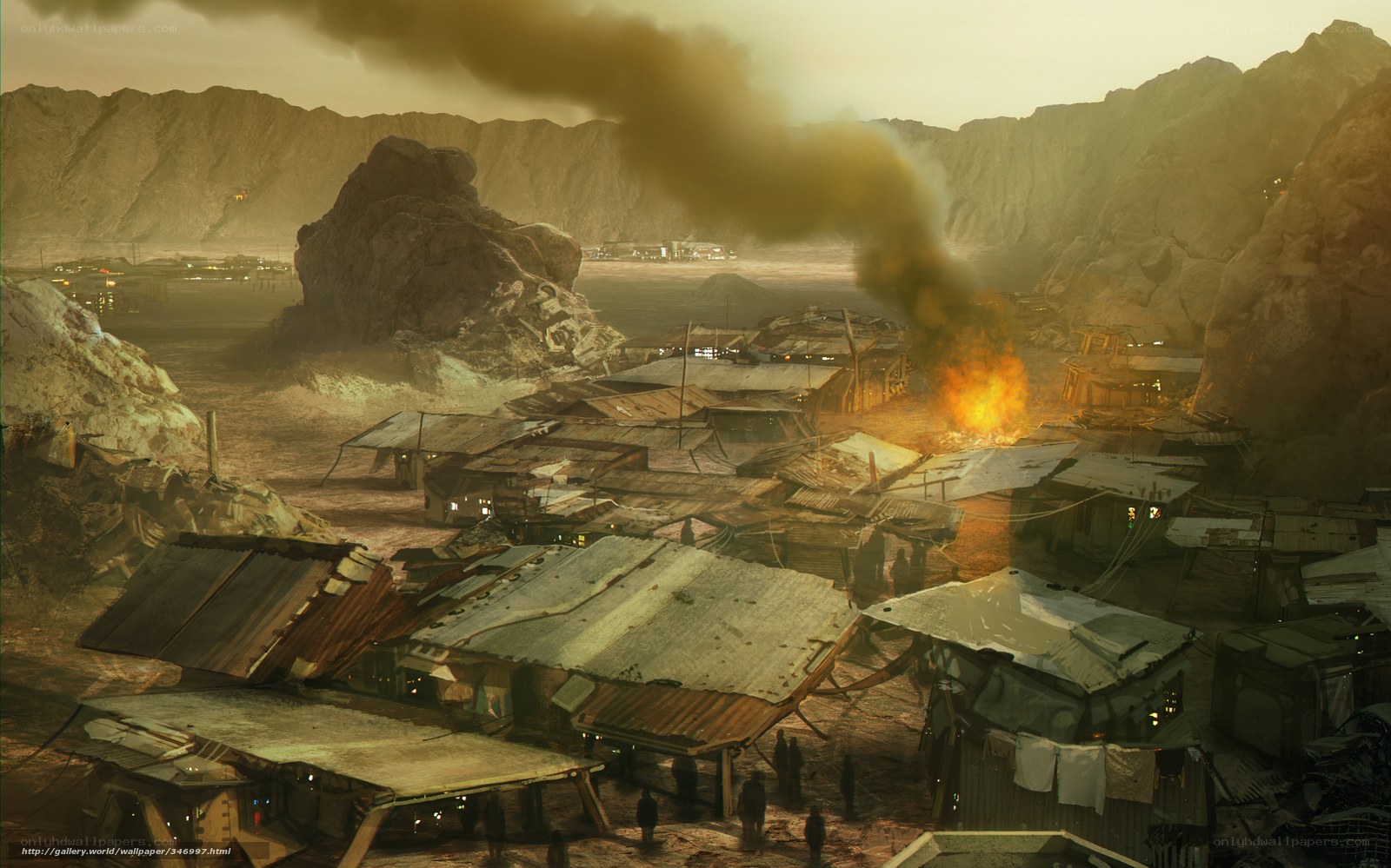 Desolate refugee camp in a canyon