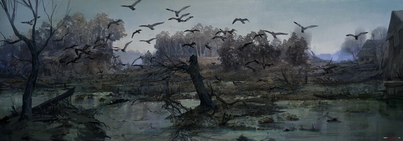 Desolate swamp with flying birds