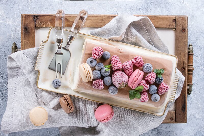 Dessert with Berries and Macarons