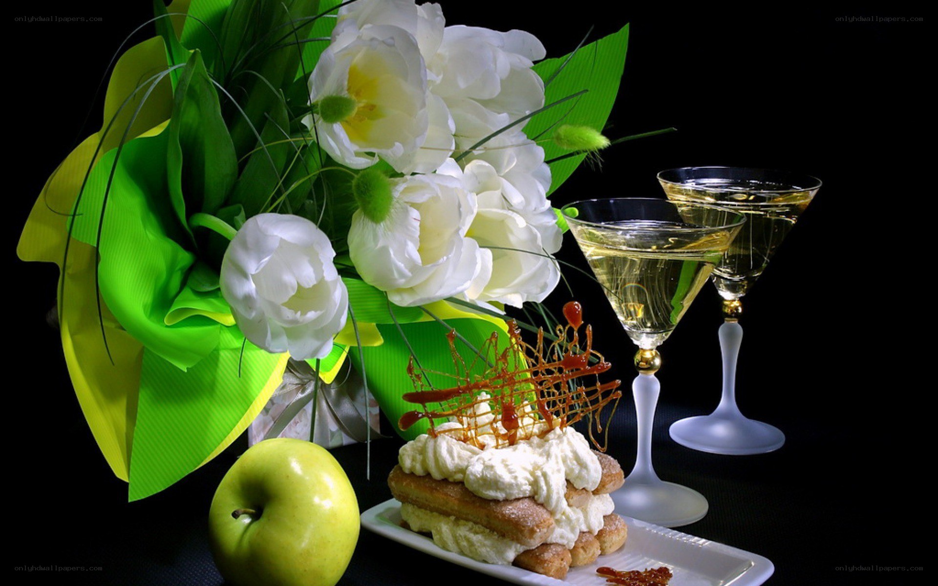 dessert with flowers and wine