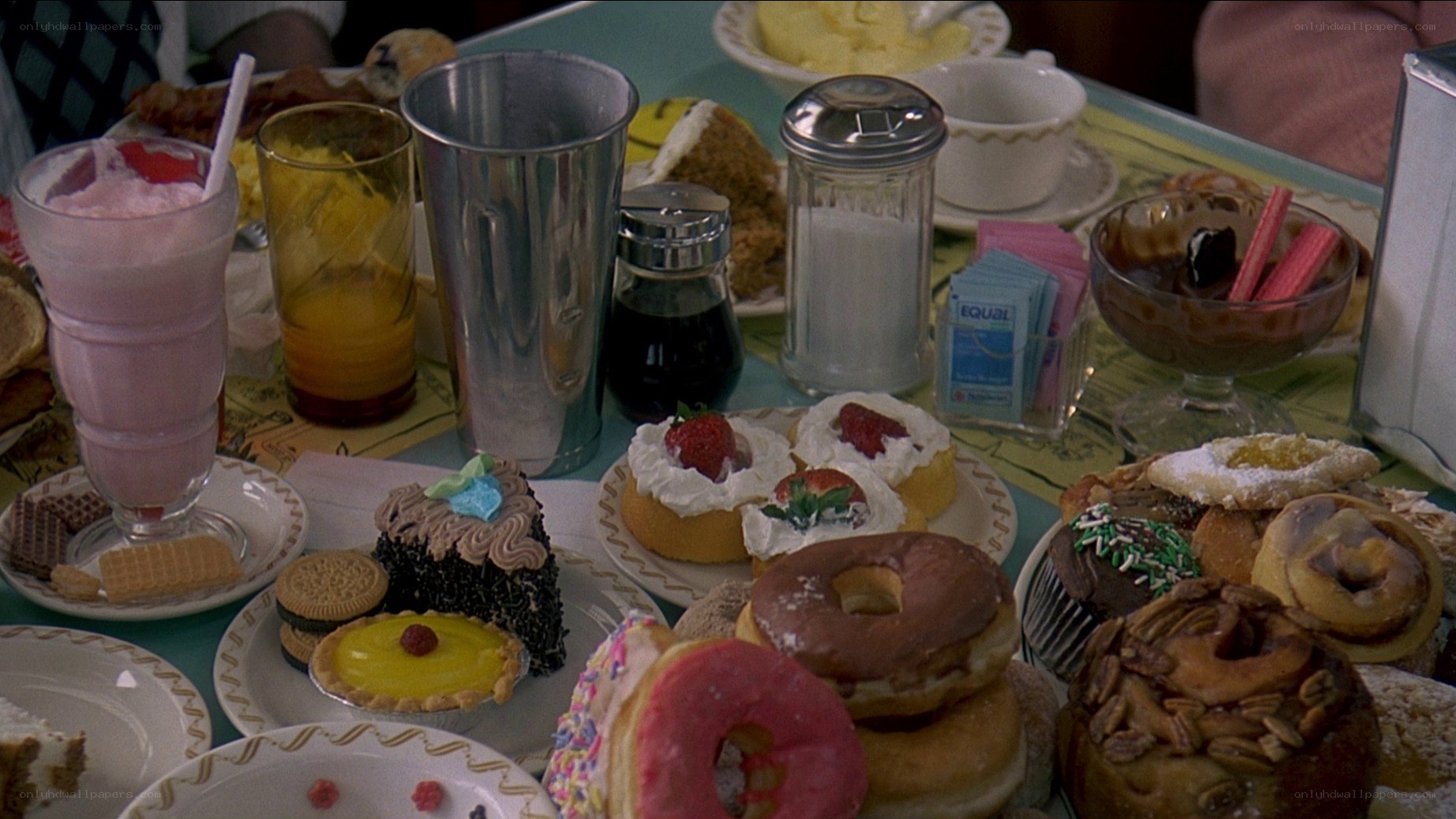 desserts and milkshake on a table