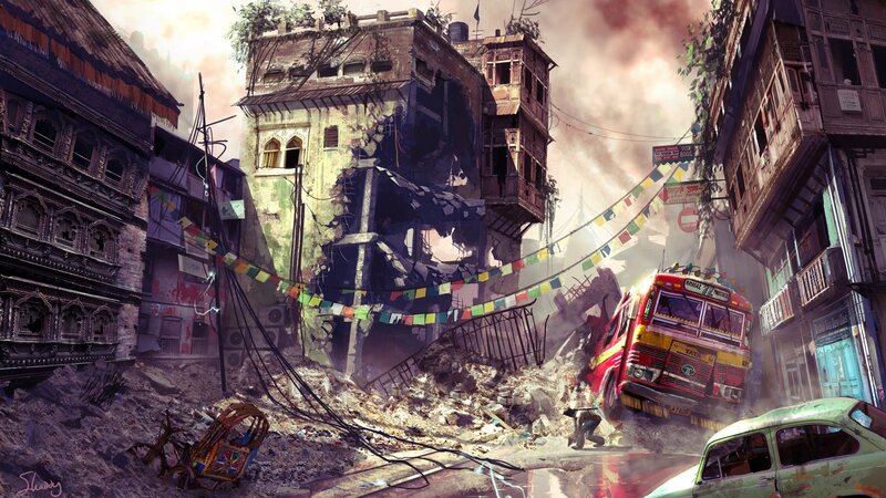 Destroyed City Street — Brown, Dramatic