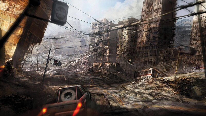 Destroyed City Street — Gray, Apocalyptic