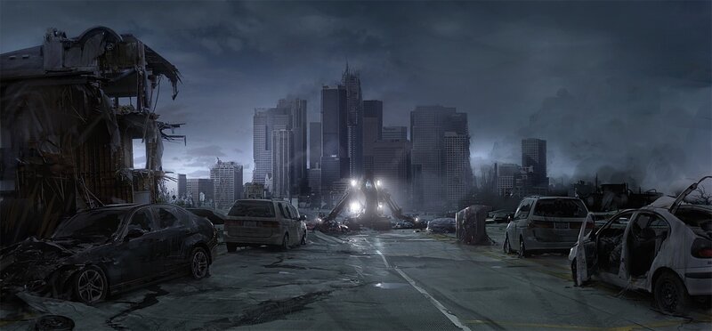 Destroyed City Street — Gray, Dramatic, Night, Digital Art, Cars
