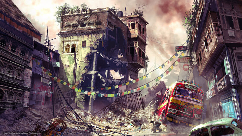 Destroyed City Street — Red, Dramatic