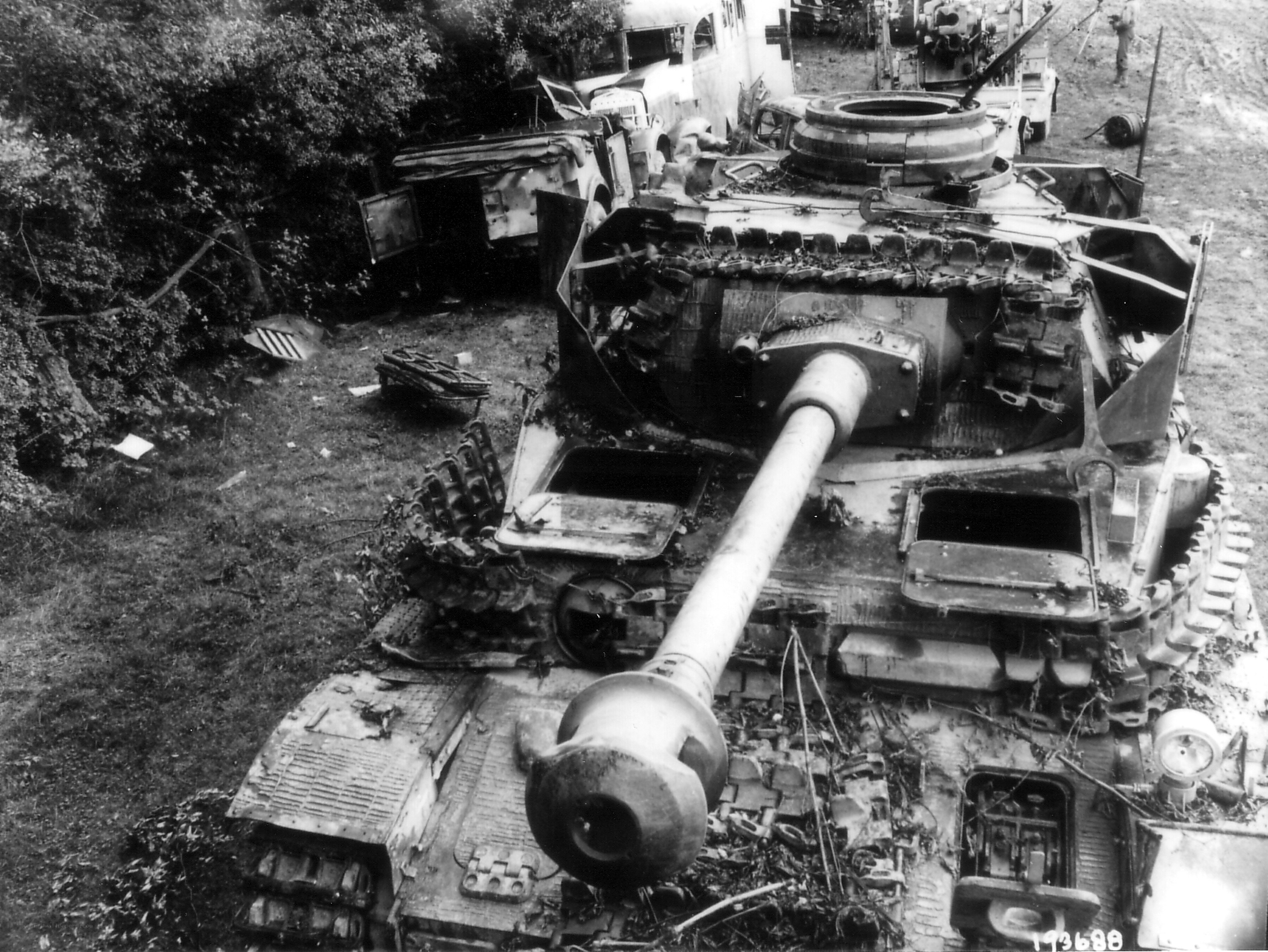 Destroyed tank in a field