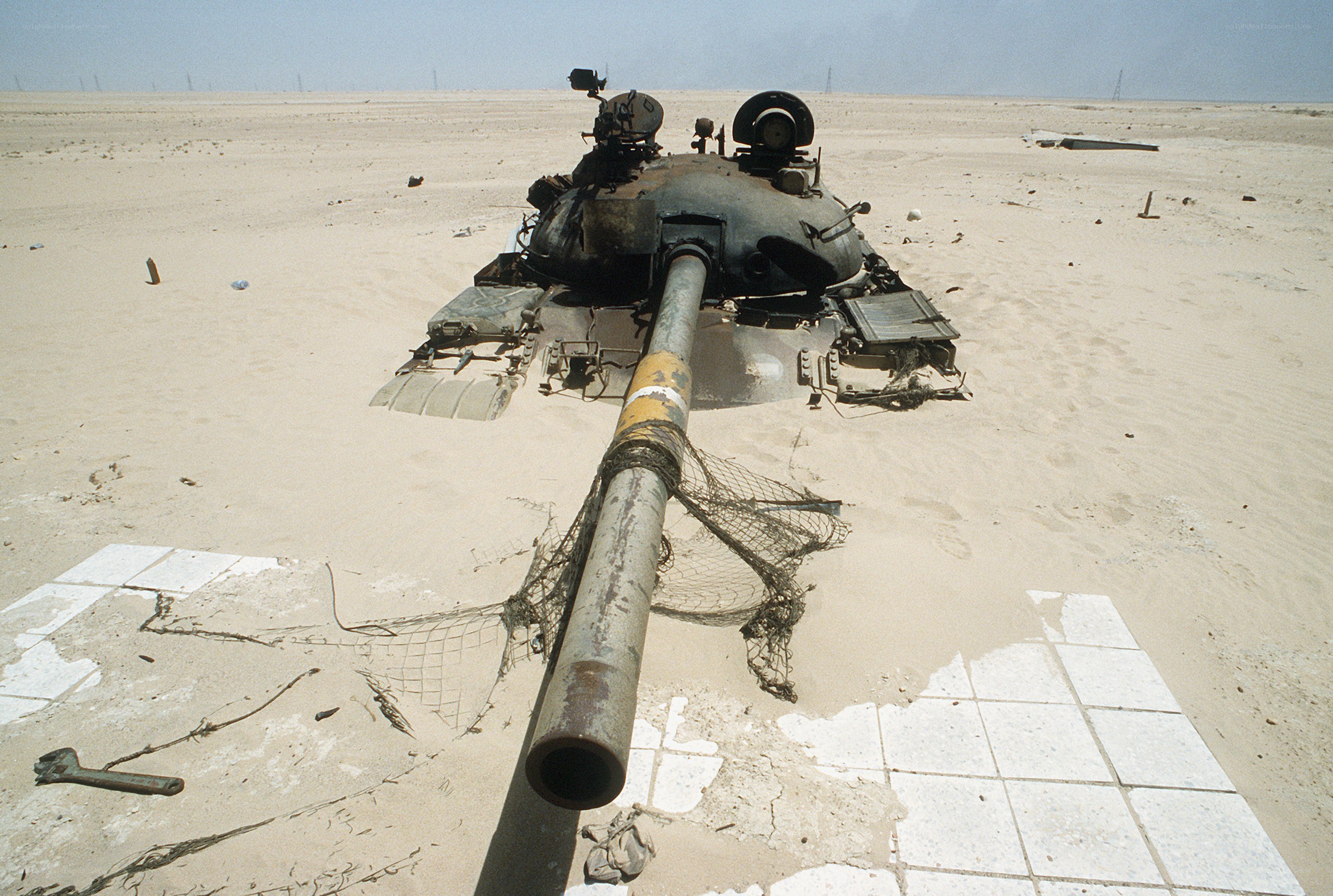 Destroyed tank in desert