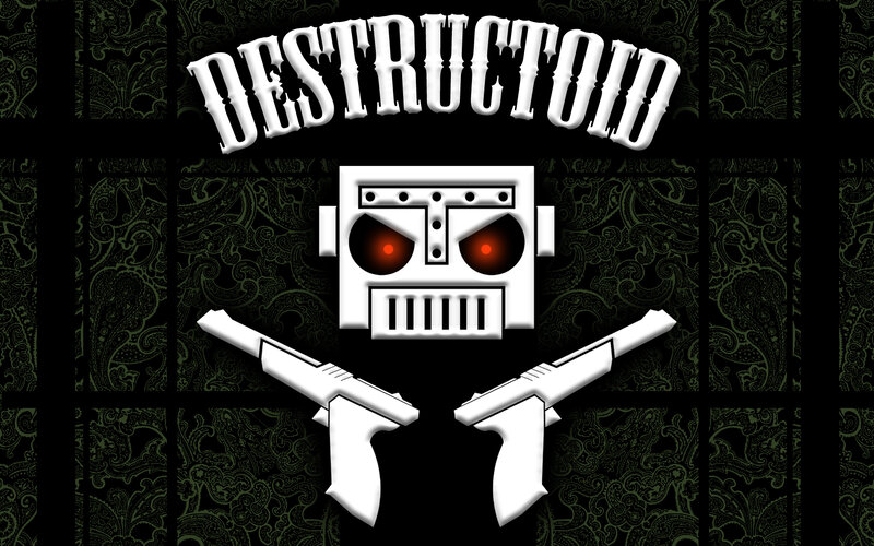 Destructoid logo with robot and guns