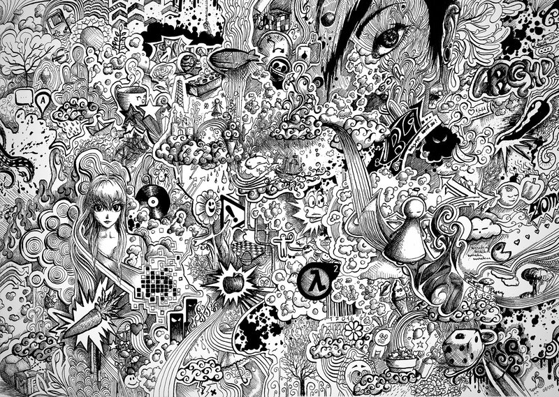 detailed black and white doodle art
