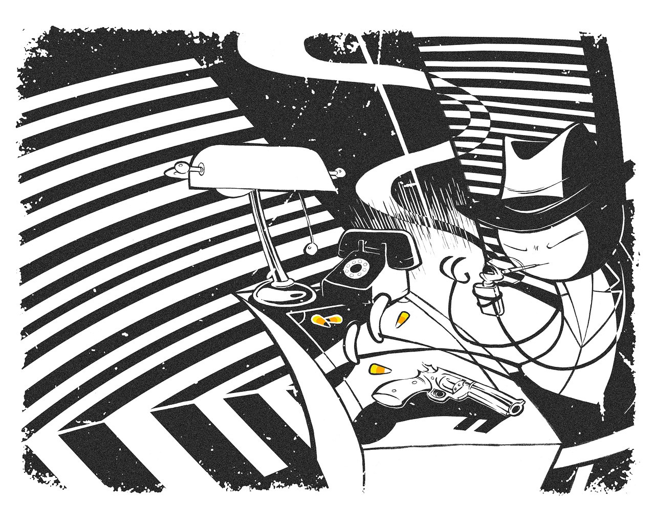 detective at desk with gun