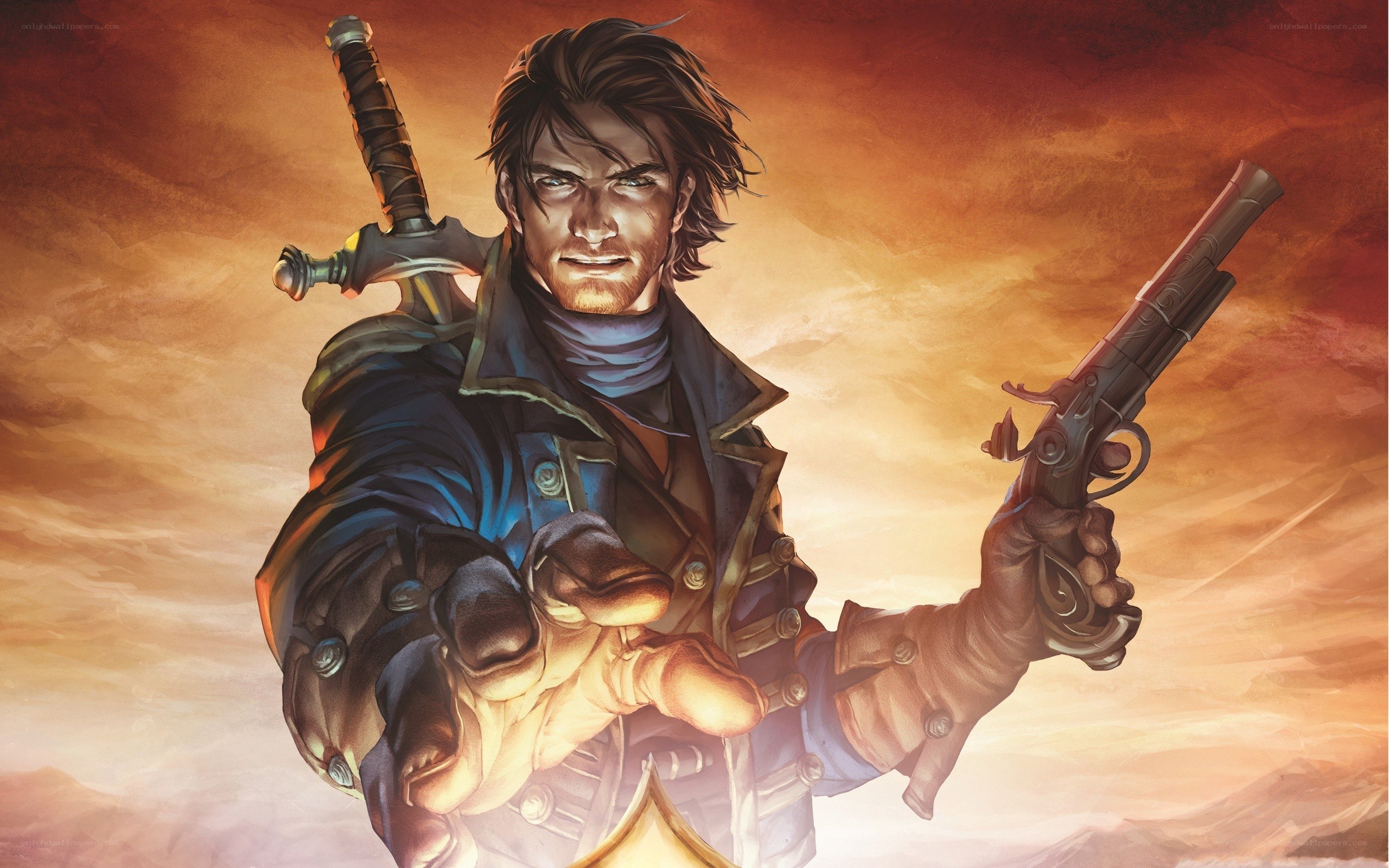 determined swordsman with pistol