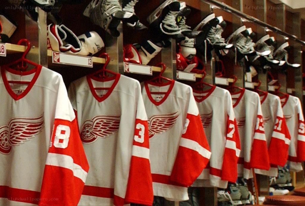 Detroit Red Wings jerseys in locker room