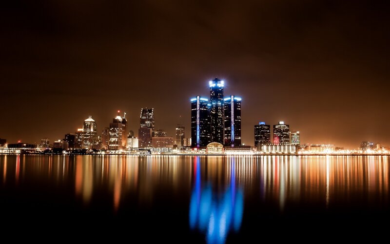 Detroit Skyline at Night — Black, Dramatic