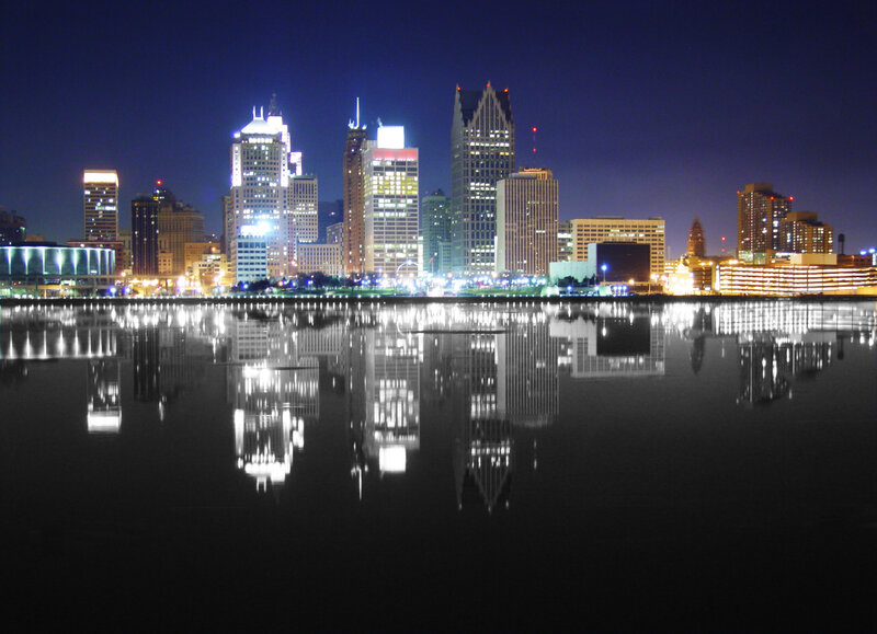 Detroit Skyline at Night — Black, Serene, Photograph, Buildings, River