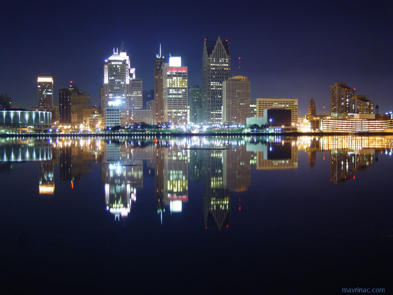 Detroit Skyline at Night — Black, Serene, Photograph, Buildings