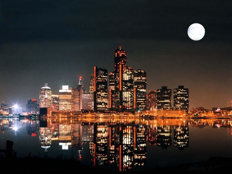 Detroit Skyline at Night — Black, Serene, Photograph, Moon, River