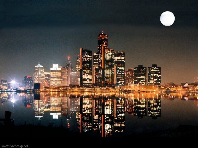 Detroit Skyline at Night — Black, Serene, Photograph, Moon