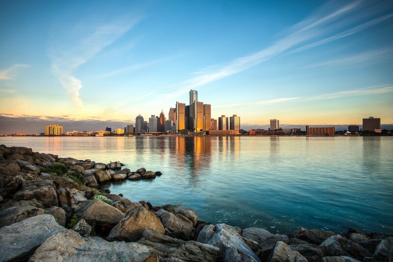 Detroit Skyline — Blue, Serene, Sunset
